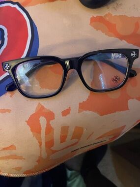 Chrome Hearts Black Rectangle Eyeglasses with Silver Cross Accents